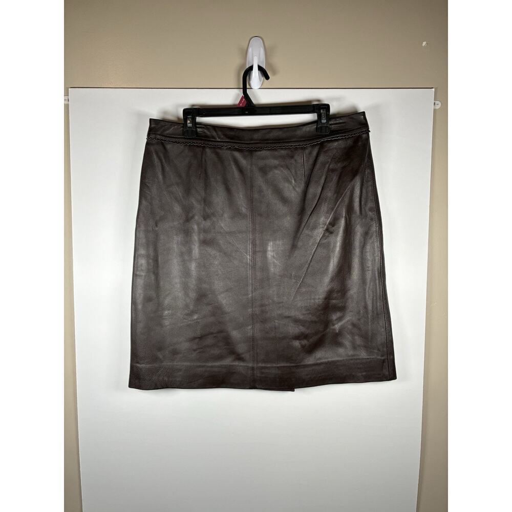 Jaclyn Smith Womens 16 Vintage Brown Real Leather Midi Skirt Scallop Trim Y2K